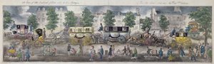 En utsikt over boulevardene i Paris med de nye vognene, 1828 (fargegravering) av English School