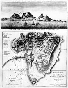 En utsikt over Kapp det gode håp og en plan over byen Kapp det gode håp og omegn, utgitt 1795 av English School