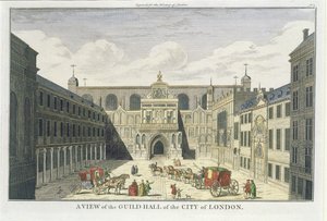 En utsikt over Guild Hall of the City of London, fra The History of London, sent c18th av English School