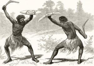 A Waddy Fight, fra 'Australian Pictures' av Howard Willoughby, utgitt av Religious Tract Society, London, 1886 av English School