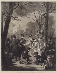 En vinterscene i Paris, utdeling av brød og suppe til de fattige (gravering) av English School