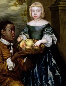 En ung jente som blir tilbudt en kurv med frukt av en tjener, ca. 1650 av English School