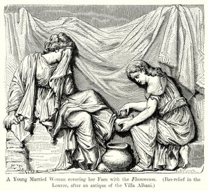 En ung gift kvinne som dekker ansiktet sitt med flammen. (Basrelieff i Louvre …) (gravering) av English School