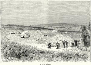 En Zulu Kraal (gravering) av English School