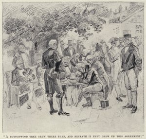 Det vokste et knappetre der da, og under det tegnet de denne avtalen" (litho) av English School