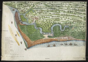 En farget faksimilekopi av et fugleperspektiv eller kart over kysten av Suffolk fra Alderton til Aldborough, inkludert Orford Ness (vellum) av English School