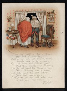 Et par som protesterer mot julesangere utenfor vinduet deres, julehilsen. (chromolitho) av English School