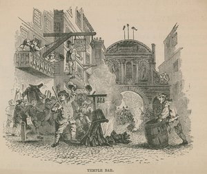 En folkemengde fyrer opp et bål foran Temple Bar av English School