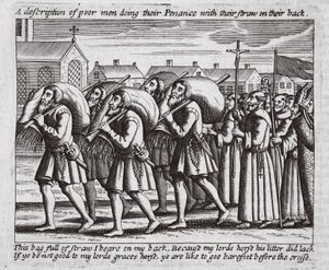 En beskrivelse av fattige menn som gjør bot med strået på ryggen, illustrasjon fra Acts and Monuments av John Foxe, niende utgave, pub. 1684 av English School