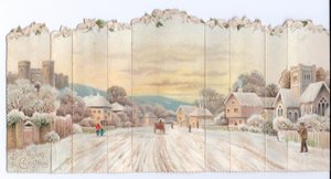 Et sammenleggbart viktoriansk julekort med konsertina av et slott og en kirke og en mann som bærer en spade i snøen, ca. 1880 av English School