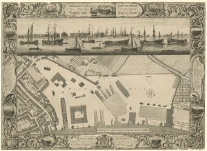En geometrisk plan og nordøstlig høyde av His Majestys Dock Yard ved Deptford med en del av byen av English School