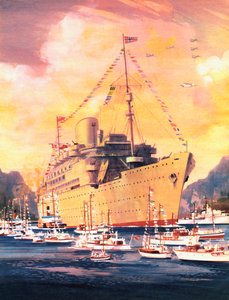Et stort øyeblikk i Royal Mail Lines historie, Andesfjellene ankommer Oslo i 1945 (farge litho) av English School
