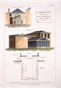 Et drivhus med gotiske detaljer festet til et hus i nyklassisk stil for Richard Dickinson Esq i Hendon, Middlesex, 1806 av English School