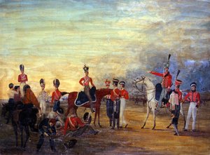 En gruppe på- og avstigende offiserer og menn fra Yorkshire Yeomanry i forskjellige klesordener, ca. 1820 av English School
