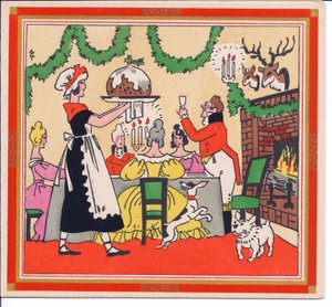 Et håndfarget fransk Pochoir julekort av en hushjelp som serverer en julepudding, rundt 1920 av English School
