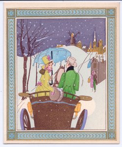 Et håndfarget fransk Pochoir-julekort av et Rencecy-par i en åpen vogn som kjører gjennom snøen, ca. 1920 av English School