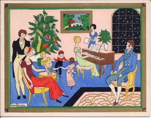 Et håndfarget fransk Pochoir-julekort fra en Regency-families julefest, med dans og musikalsk underholdning, ca. 1920 av English School