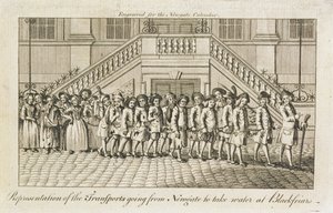 En rekke lenkede straffedømte fra Newgate Prison, Old Bailey, blir ført til Blackfriars for transport, ca. 1760 av English School