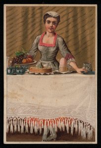 En hushjelp eller tjenestejente som dekker et bord med mat, gratulasjonskort. (chromolitho) av English School