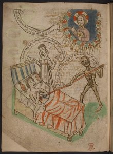 En mann på dødsleiet, fra A Carthusian miscellany av dikt, kronikker og avhandlinger på nordengelsk, inkludert et symbol på eller sammendrag av Mandevilles reiser, Add MS 37049 f.38v av English School