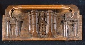 En misericord som viser Sir Yvains-hesten fanget mens porten til en forseggjort slottsinngang senkes, New College Chapel, Oxford, sent på 1300-tallet (tre)