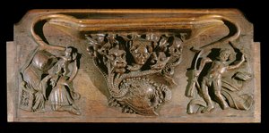 En misericord som viser en forseggjort utskåret hydra, symbolsk for de syv dødssyndene, med et realistisk menneskehode, New College Chapel, Oxford, sent på 1300-tallet (tre)