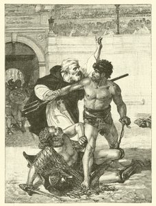 En munk, Telemachos, som prøver å stoppe gladiatorlekene i Colosseum, Roma (gravering) av English School