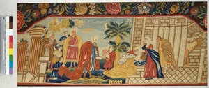 Et håndarbeidssofasete som er fint bearbeidet i en teltsøm som viser tilbedelsen av magiene, ca. 1730 av English School