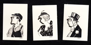 Neuheitenset von drei Karten mit Gesichtern von zwei Männern und einer Frau, ca. 1920 von English School