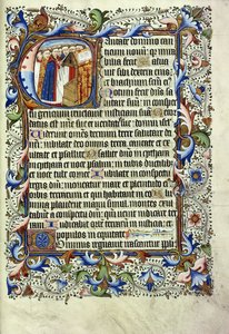 En side fra en psalter på latin, med en historisk initial som viser en gruppe munker som står foran en talerstol og synger, ca. 1455 av English School
