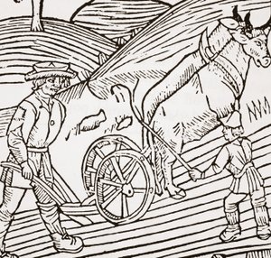 Et par okser festet til en plog, tittelblad fra John Fitzherberts Boke of Husbandry, første pub. 1523 av English School