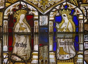 Et panel i østvinduet som viser Cardinal Virtues: Truth (Veritas) and Justice (Iustitia) av English School