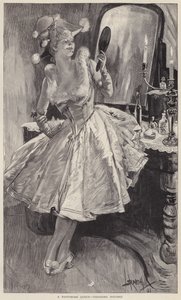 En pantomimedronning legger siste hånd på sminken hennes (litho) av English School
