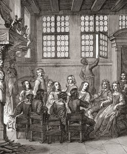 En fest på Duke of Newcastles House, frontispice til Natures Pictures av Margaret, hertuginne av Newcastle, 1656, fra A Short History of the English People av J. R. Green, utgitt 1893 av English School
