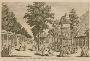 En perspektivvisning av Grand Walk i Vauxhall Gardens, London og The Orchestra av English School