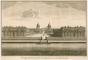 Et perspektivbilde av Royal Hospital i Greenwich, London av English School
