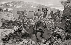 En streiket av 13. husarer overrasket nær Tugela-elven, Hussar Hill, KwaZulu-Natal-provinsen under den andre boerkrigen, fra 'South Africa and the Transvaal War', av Louis Creswicke, utgitt 1900 (litho) av English School