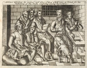 Et bilde som beskriver måten og sted for dem som var i bånd for sannhetens vitnesbyrd, konfererende seg imellom, illustrasjon fra Acts and Monuments av John Foxe, niende utgave, pub. av English School