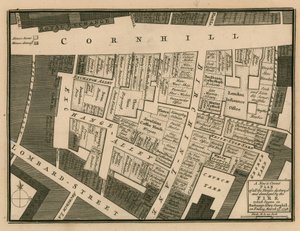 En plan over hus ødelagt i brannen som startet i Exchange alley, Cornhill, London, 25. mars 1748 av English School