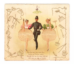 Et pop-up-kort av en politimann og to kvinner som sparker høyt, ca. 1920 (fargelitografi) av English School