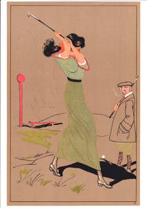 Et trykk av to golfspillere i komiske og humoristiske stillinger, ca. 1920 av English School