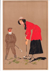 Et trykk av to golfspillere i komiske og humoristiske stillinger, ca. 1920 av English School