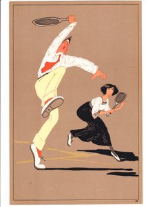 Et trykk av to tennisspillere i komiske og humoristiske stillinger, ca. 1920 av English School