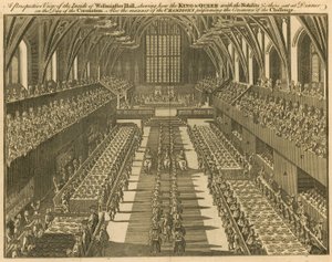 Et prospekt av innsiden av Westminster Hall som viser hvordan kongen og dronningen, med adelen og andre, satt til middag på kroningsdagen av English School