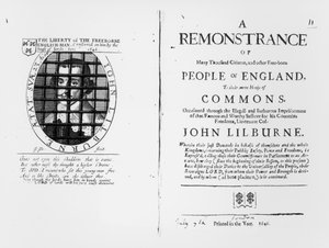 En protest fra Levellers til House of Commons angående fengslingen av deres leder John Lilburne (ca. 1614-57) publisert 1646 av English School