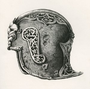 En sallet, aka salade eller schaller krigshjelm, AD 1450, fra The British Army: Its Origins, Progress and Equipment, publisert 1868. av English School