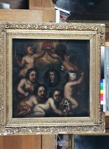 En satire av Richard Cromwell som ble tilbudt kronen, ca. 1659 (olje på panel) av English School