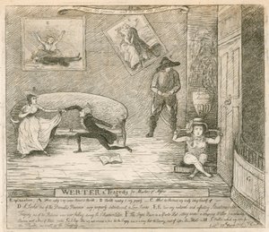 En scene fra F Reynolds burleske Werter, først fremført på Covent Garden Theatre, London, 14. mars 1786 av English School