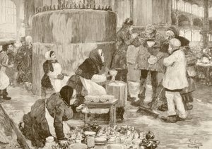 Et suppekjøkken i Paris på 1800-tallet (litho) av English School
