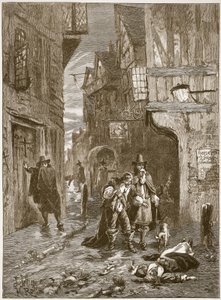 En gate i London under den store pesten, illustrasjon fra Cassells Illustrated History of England (sepia-bilde) av English School